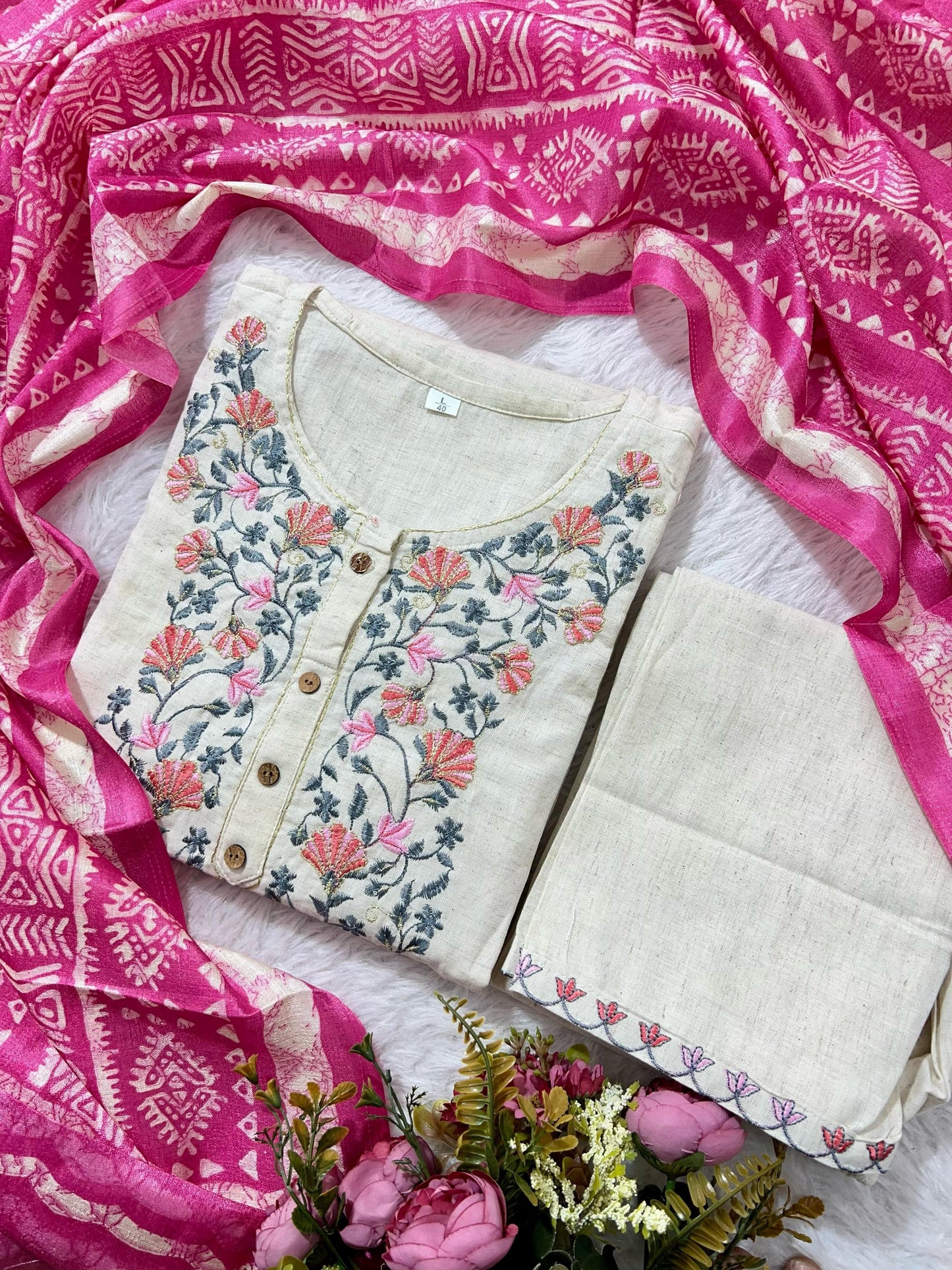 Elegant Handloom Khadi Cotton Embroidered Kurti Set with Khadi Silk Dupatta