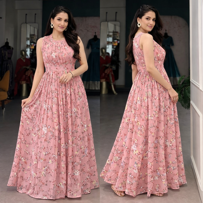 Floral Print Weightless Marble Fabric Long Party Wear Gown Dress