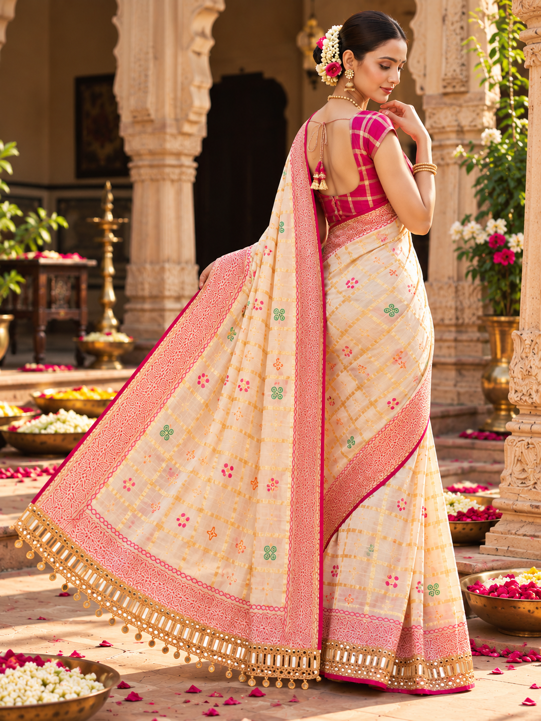 Premium Soft Viscose Checks Weaving Saree with Heavy Mirror Work Border & Unstitched Blouse