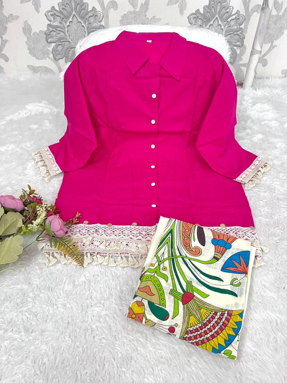 Stylish Cotton Flax Cord Set | Button Top & Printed Pant Co-Ord Set for Women