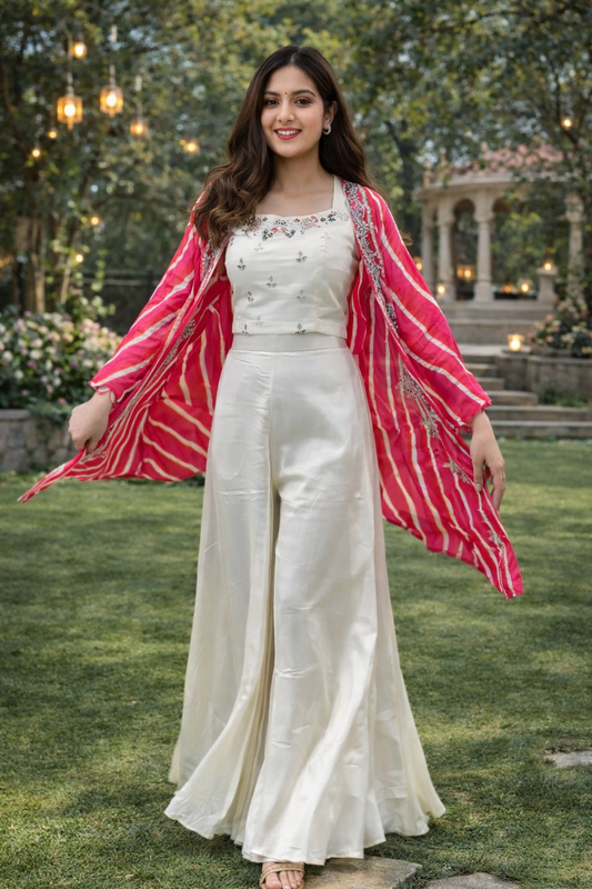 Women Chinon Plazzo Set with Embroidered Blouse & Digital Print Georgette Shrug