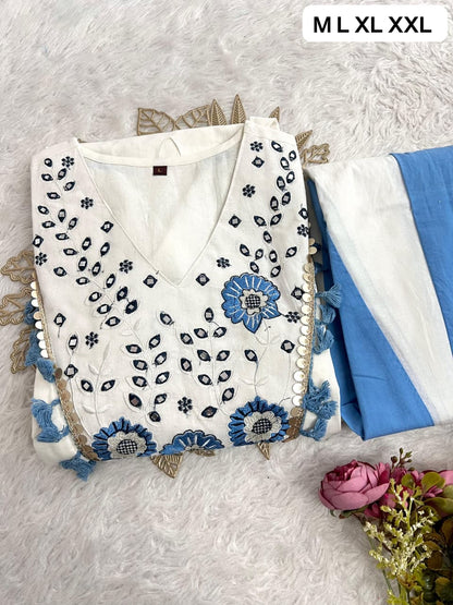 Cotton Natural Flax Mirror Work Cord-Set for Women – Embroidered Designer Top with Palazzo Pant (Cream Brown & Cream Blue)