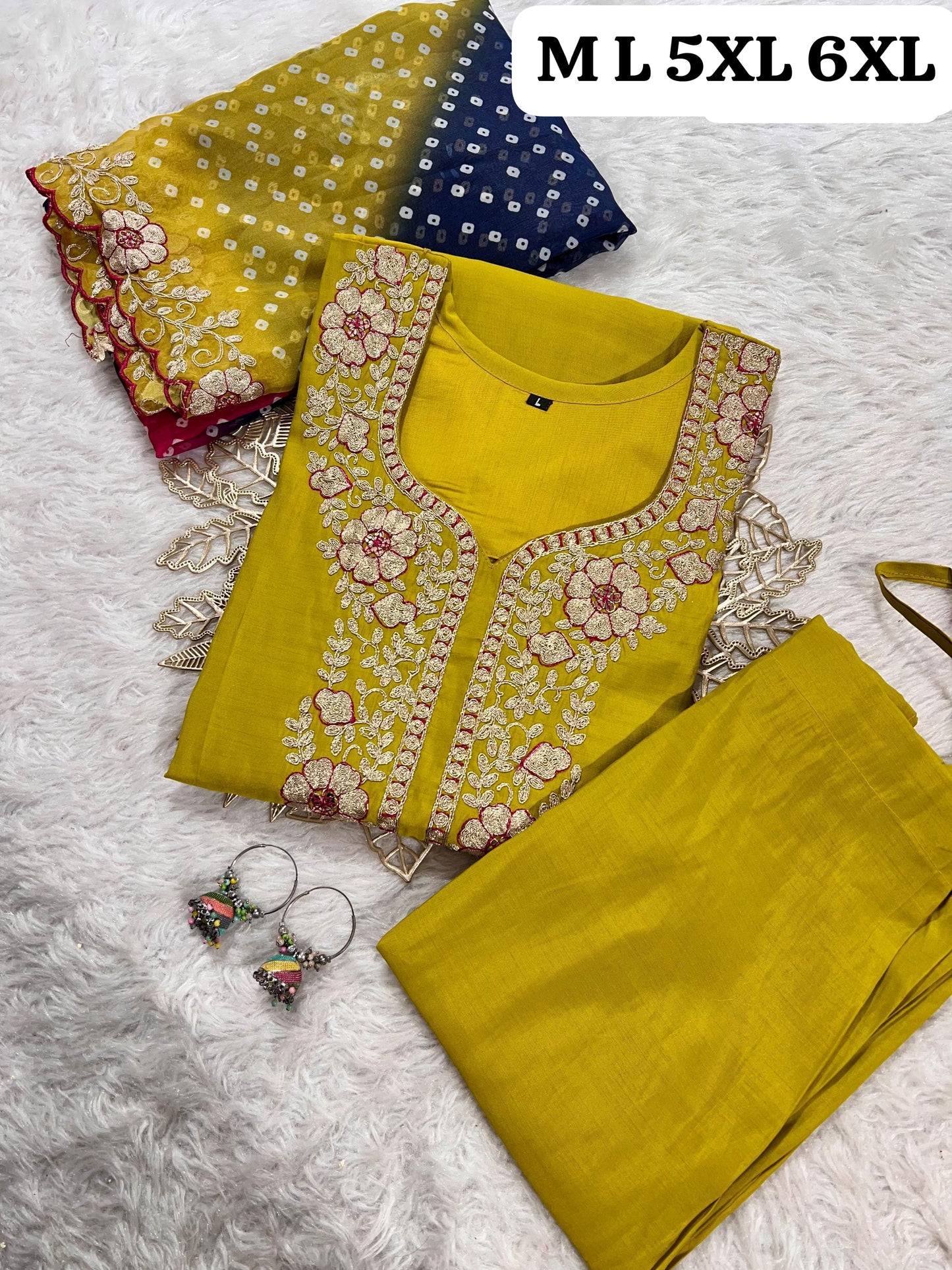 Designer Roman Silk Kurti Pant Set with Gota Patti Embroidery & Lehariya Dupatta