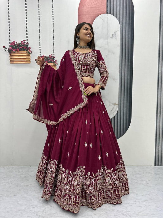 Maroon Heavy Embroidery Vichitra Silk Lehenga Choli