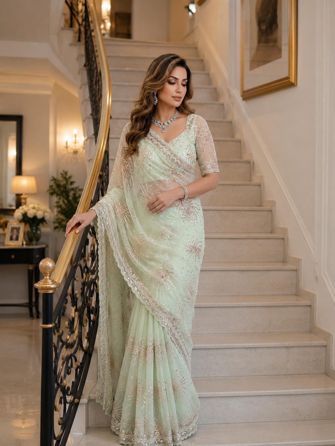 Premium Butterfly Soft Net Saree With Multi Sequence & Thread Embroidery