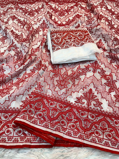 White Red Crush Silk Embroidery Saree