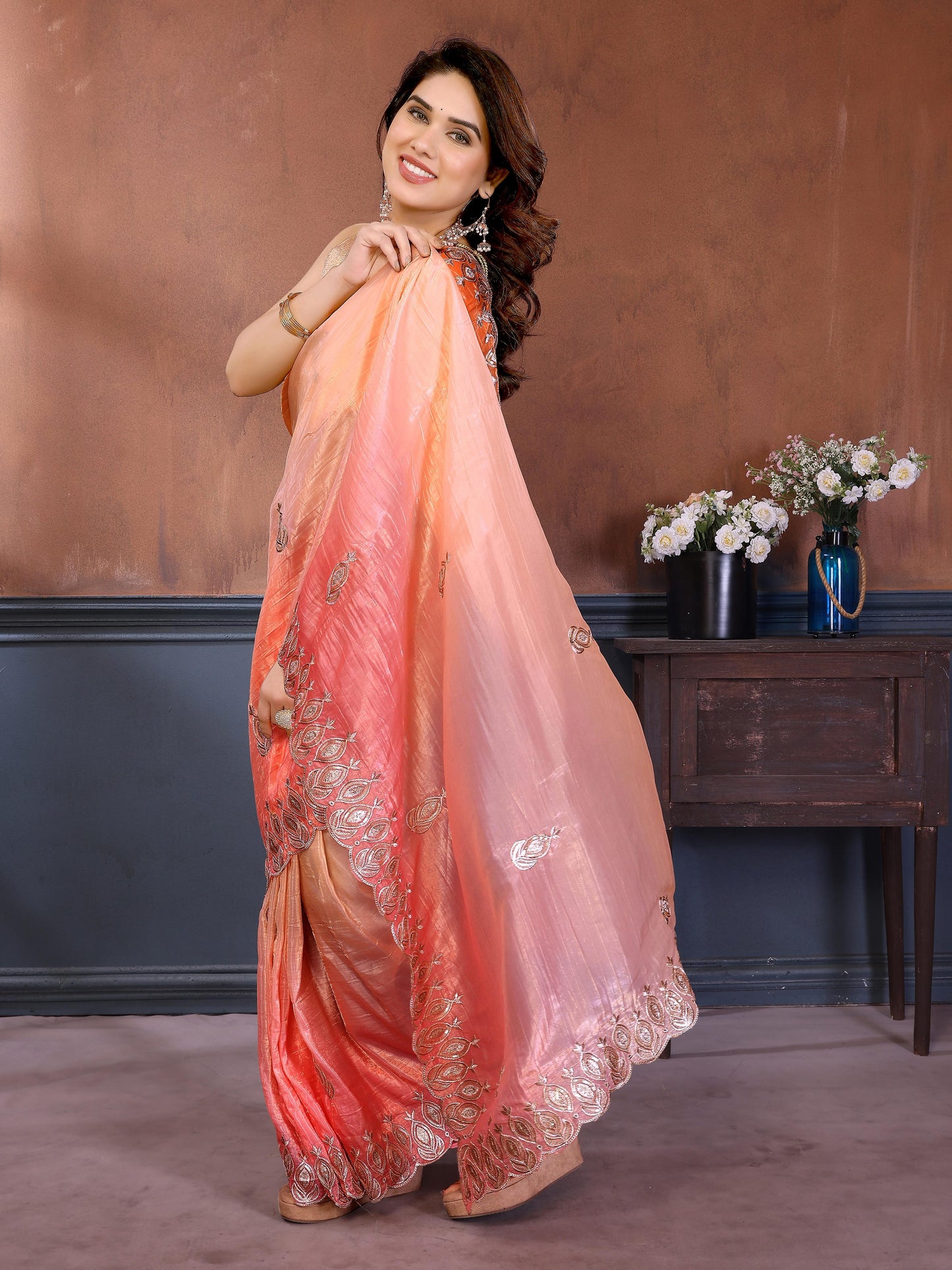 Gold Crush Silk Embroidery Work Saree with Gota Patti Blouse | Multi Tone Party Wear Saree