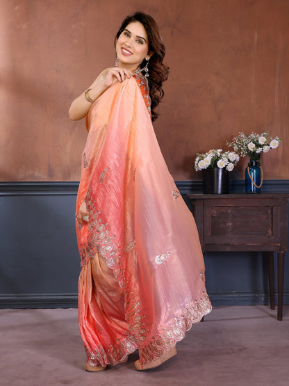 Gold Crush Silk Embroidery Work Saree with Gota Patti Blouse | Multi Tone Party Wear Saree