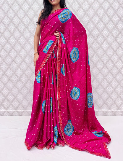 Chinon Bandhani Style Printed Saree with Designer Contrast Border (6.30 Mtr)