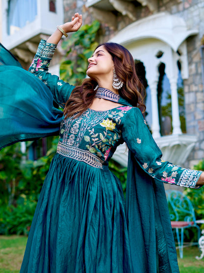 Elegant Festival Wear Fendy Silk Long Gown with Embroidered Dupatta