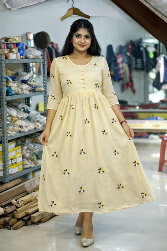 Women’s Multi Embroidery Butti Fox Georgette Silk Frock Dress (M to XXL)