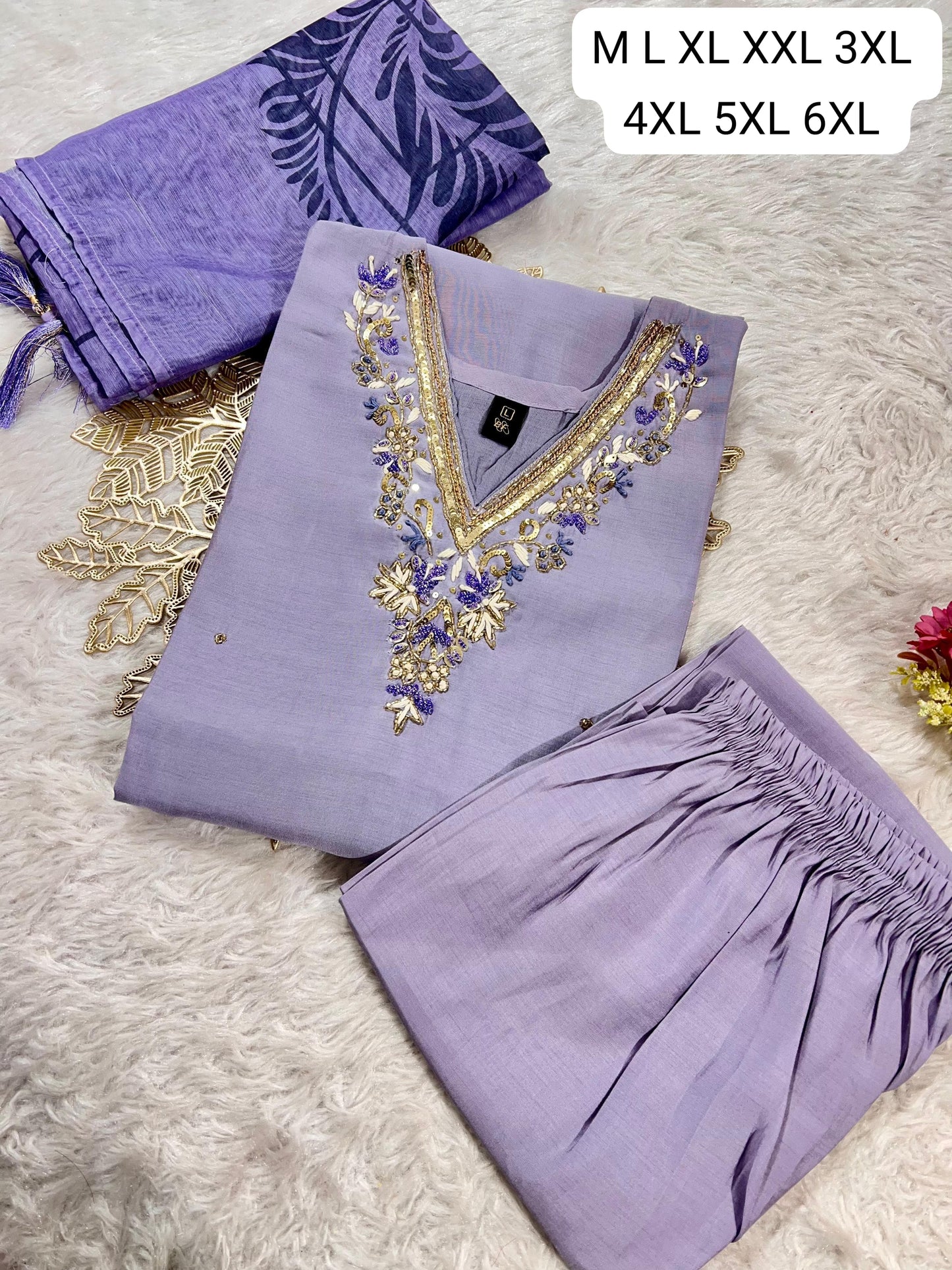 Premium Roman Silk Kurti Pant Dupatta Set with Hand Work