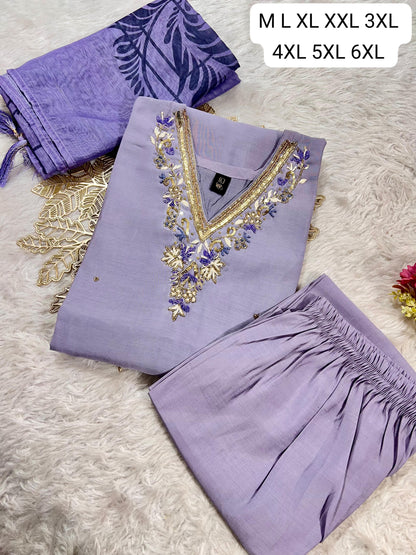 Premium Roman Silk Kurti Pant Dupatta Set with Hand Work
