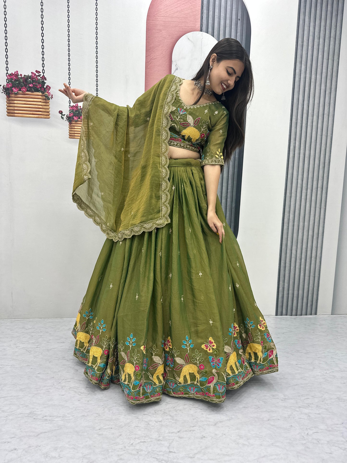 Festival Special Heavy Embroidered Moss Simar Lehenga Choli with Dupatta | Orange & Olive Green