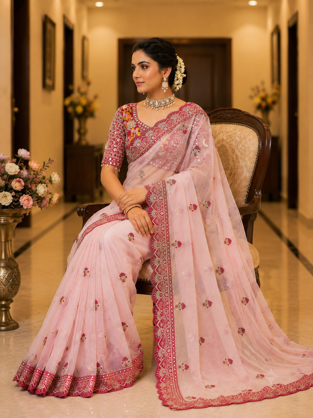 Soft Butterfly Net Saree with Sequins & Multi Thread Embroidery | Full Stitch Blouse