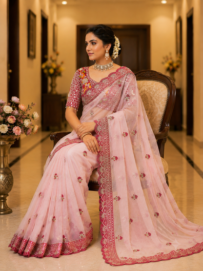Soft Butterfly Net Saree with Sequins & Multi Thread Embroidery | Full Stitch Blouse