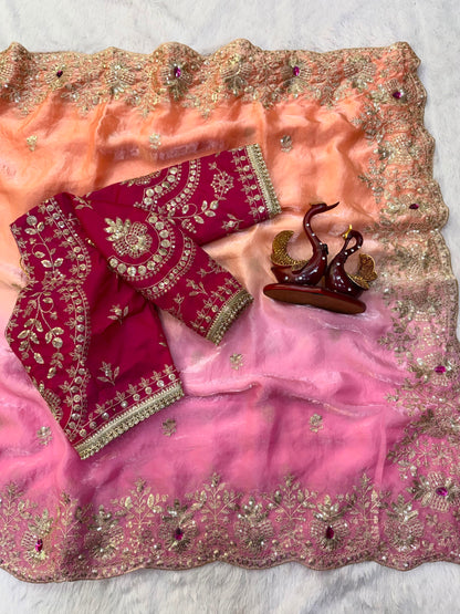Soft Space Silk Shaded Saree with Hand Mina, Sequins & Zari Embroidery | Full Stitch Blouse