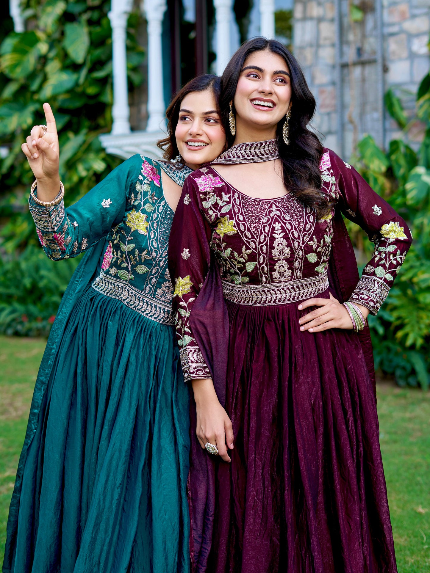 Elegant Festival Wear Fendy Silk Long Gown with Embroidered Dupatta