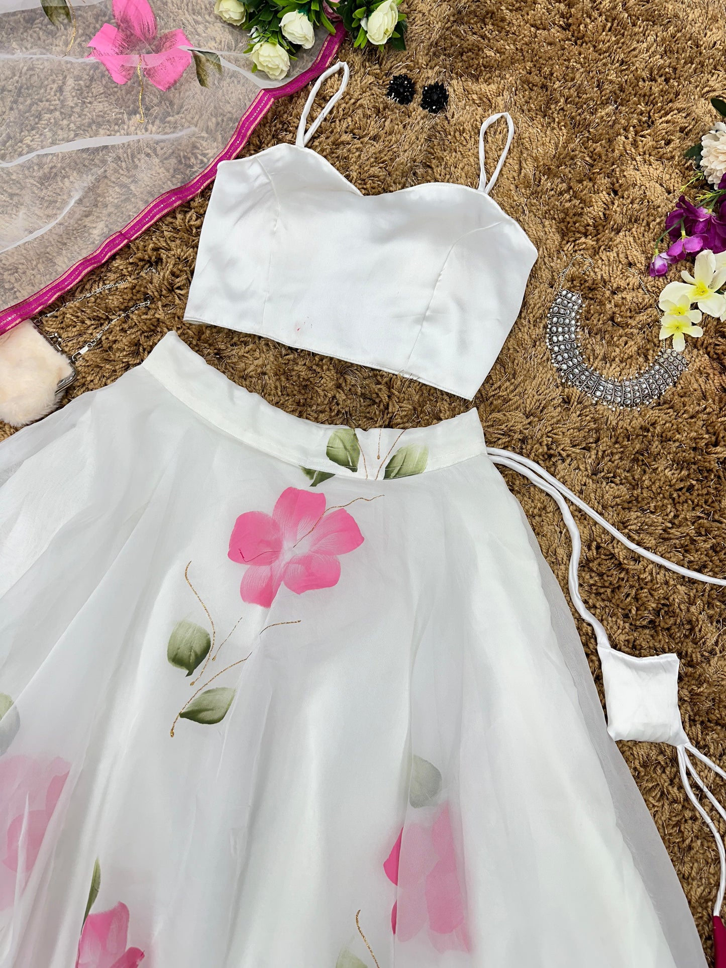 Hand Painted Organza Silk Lehenga with Satin Silk Blouse & Dupatta