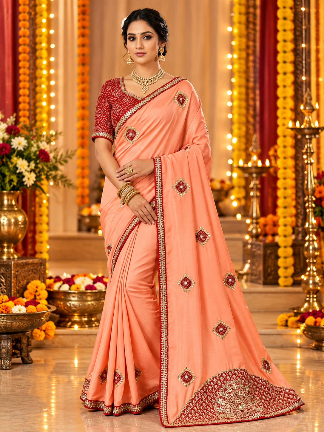 Chinon Saree with Heavy Bandhej Patch Butta & Gotapatti Work