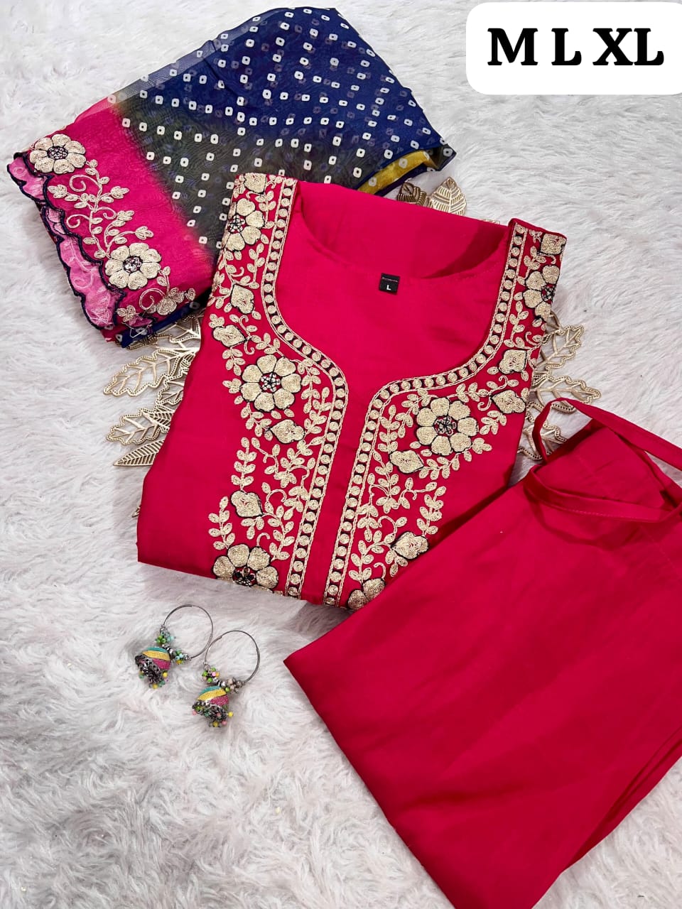 Designer Roman Silk Kurti Pant Set with Gota Patti Embroidery & Lehariya Dupatta