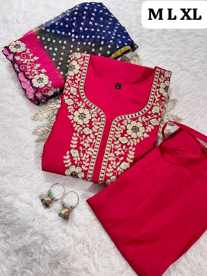 Designer Roman Silk Kurti Pant Set with Gota Patti Embroidery & Lehariya Dupatta