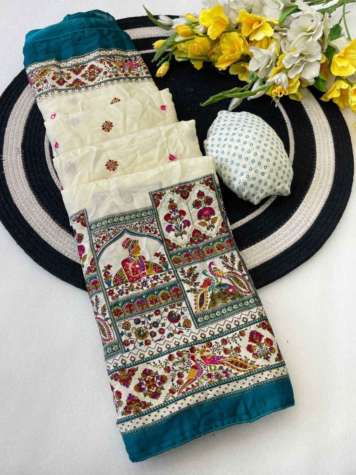 Premium Pure Moss Chiffon Saree with Peacock Floral Print & Mirror Work