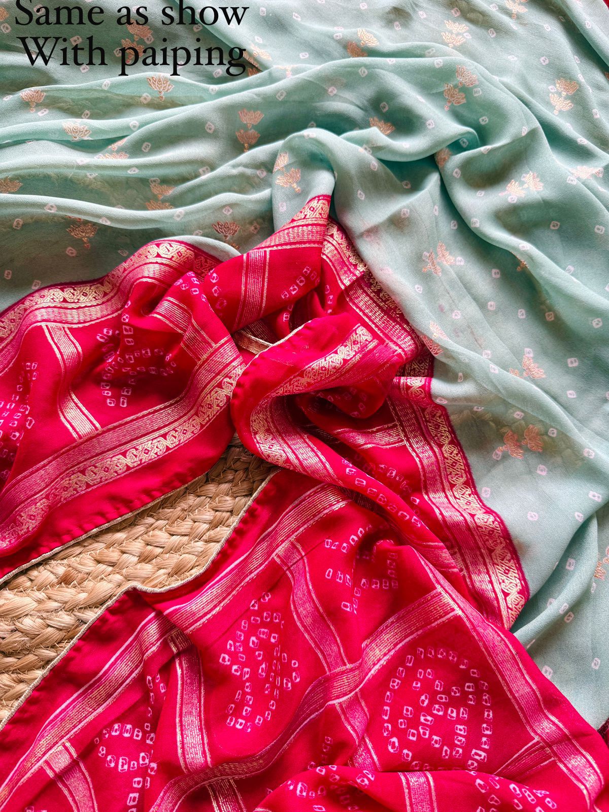 Dull Moss Foil Print Saree with Piping Border & Matching Blouse