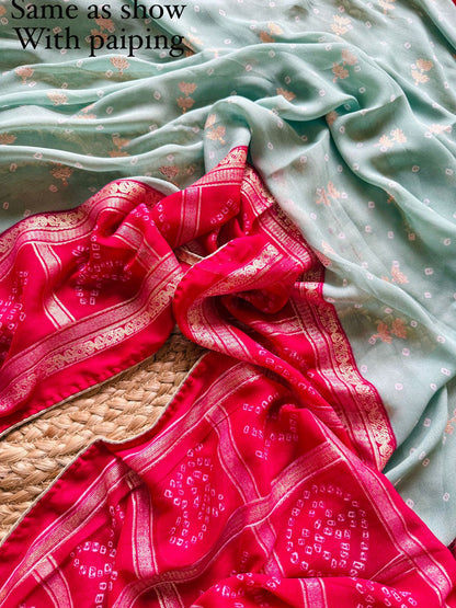 Dull Moss Foil Print Saree with Piping Border & Matching Blouse