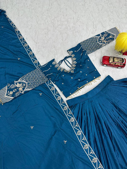 Teal Blue Crepe Silk Embroidered Lehenga Choli Set