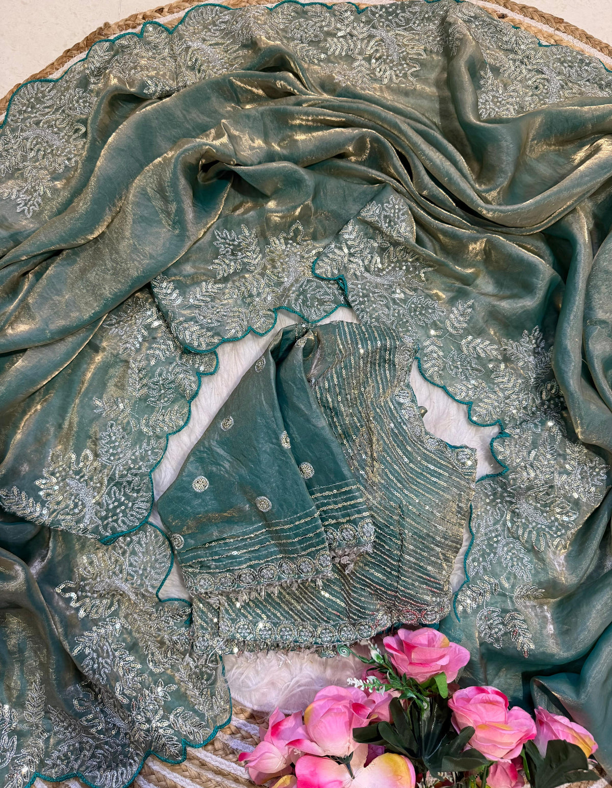Soft Space Silk Satin Saree With Heavy Embroidery Sequence & Zari Work