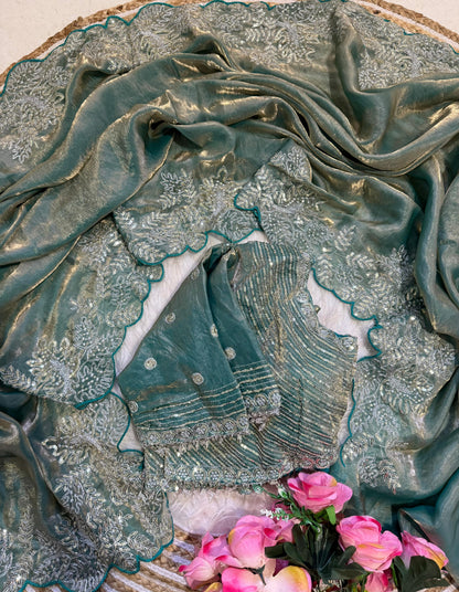 Soft Space Silk Satin Saree With Heavy Embroidery Sequence & Zari Work