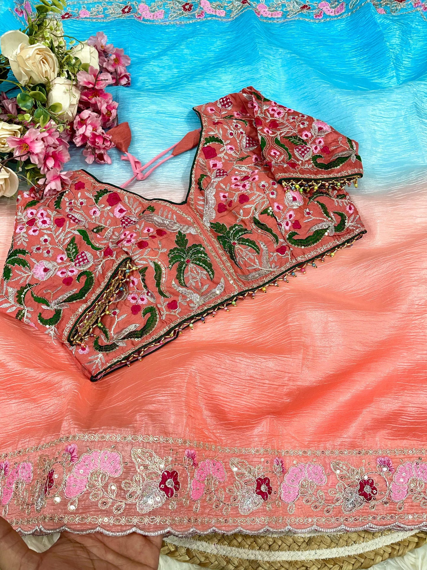 Candy Crush Embroidery Border Saree with Stitched Blouse