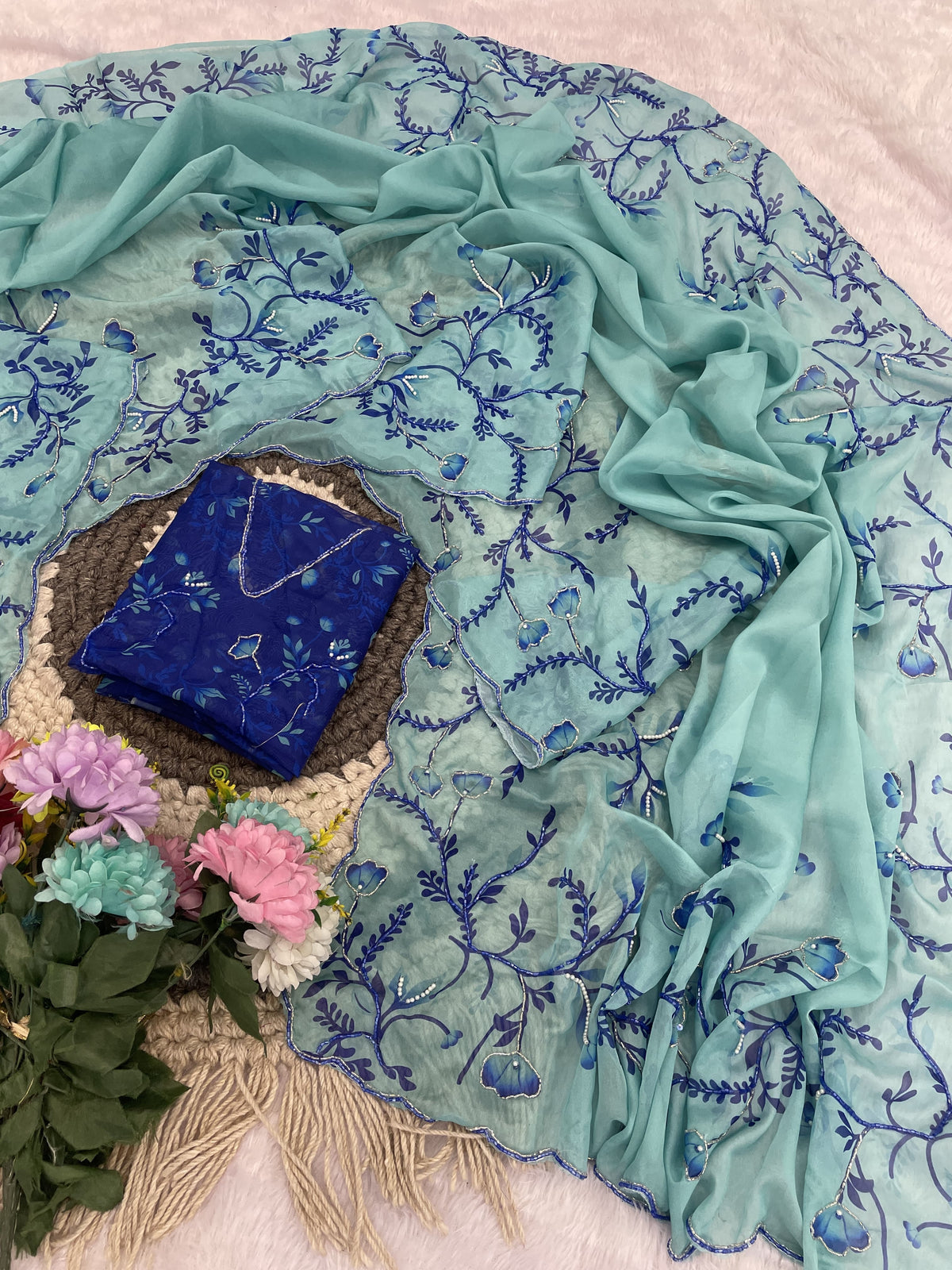Radhika Teby Silk Saree with Digital Floral Print, Khatli & Cutdana Work
