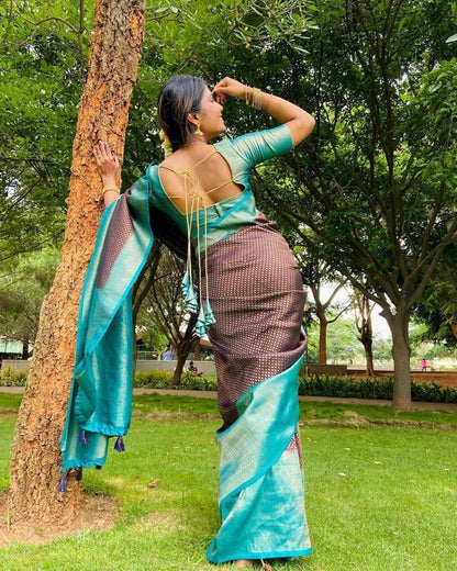 Teal Brown Silk Saree