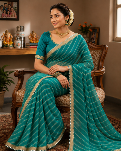 Georgette Leheriya Saree with Mirror Lace Border & Unstitched Blouse | Designer Party Wear Saree