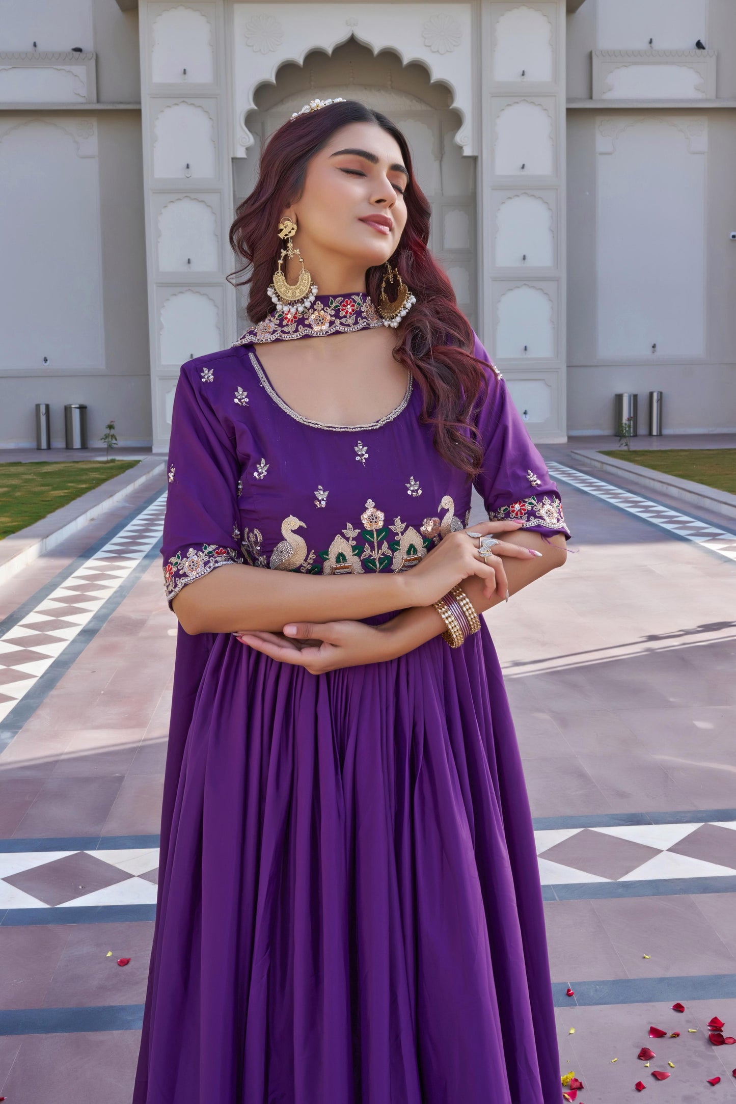Festival Wear Embroidered Long Gown With Dupatta