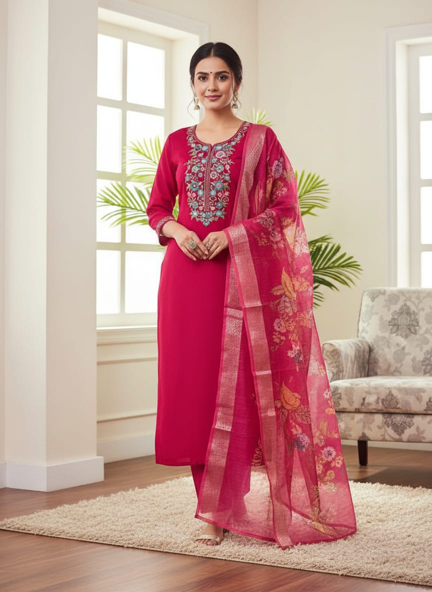 Premium Roman Silk Embroidered Kurti Pant Dupatta Set – Festive Collection