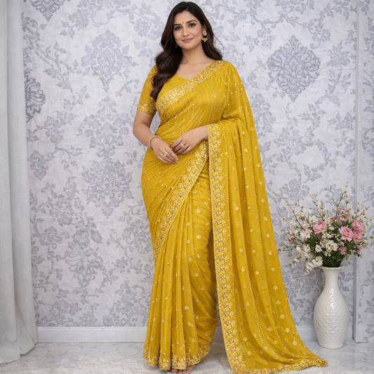 Star Georgette Sequence Embroidery Work Saree with Running Blouse