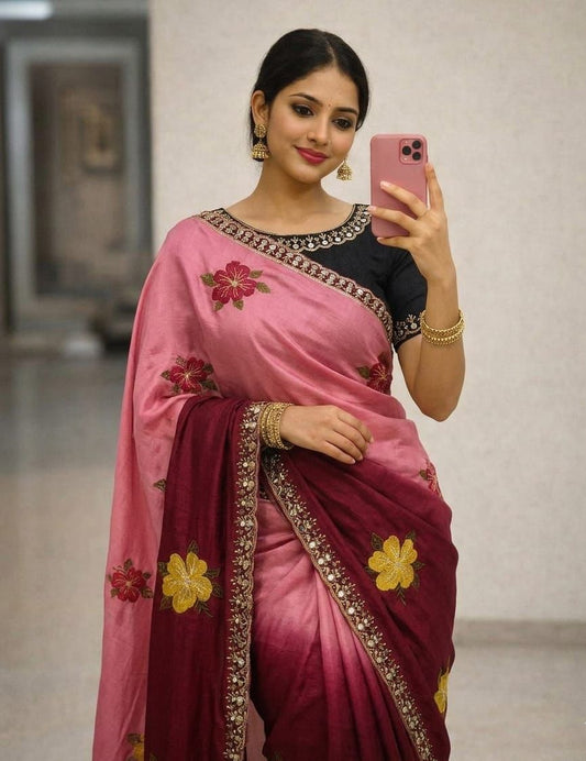 Soft Chinon Dual Shade Silk Saree with Embroidery & Mirror Work