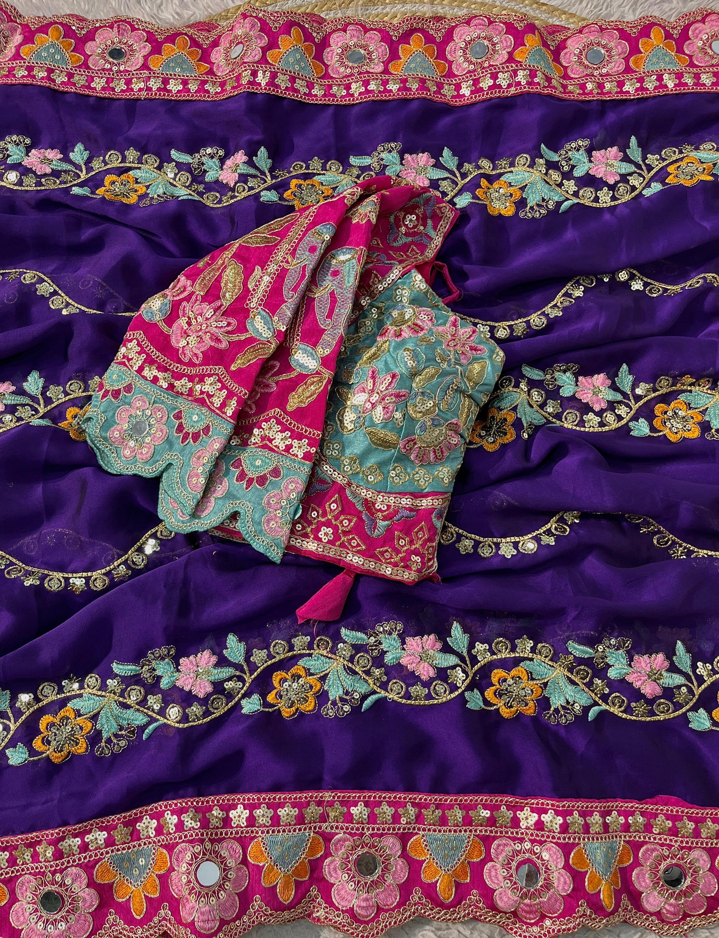 Premium Rangoli Silk Designer Saree with Embroidery & Mirror Work Blouse