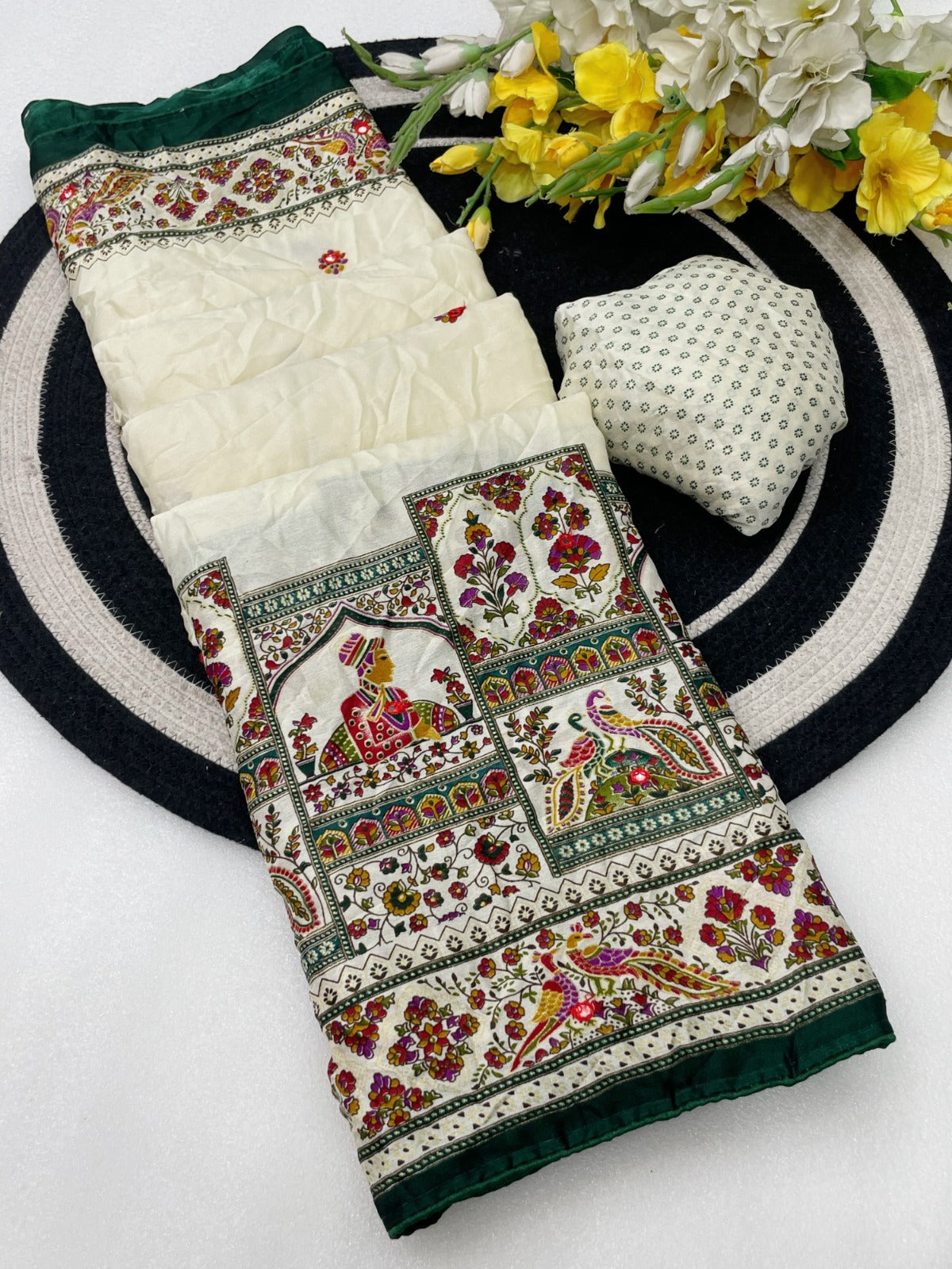 Premium Pure Moss Chiffon Saree with Peacock Floral Print & Mirror Work