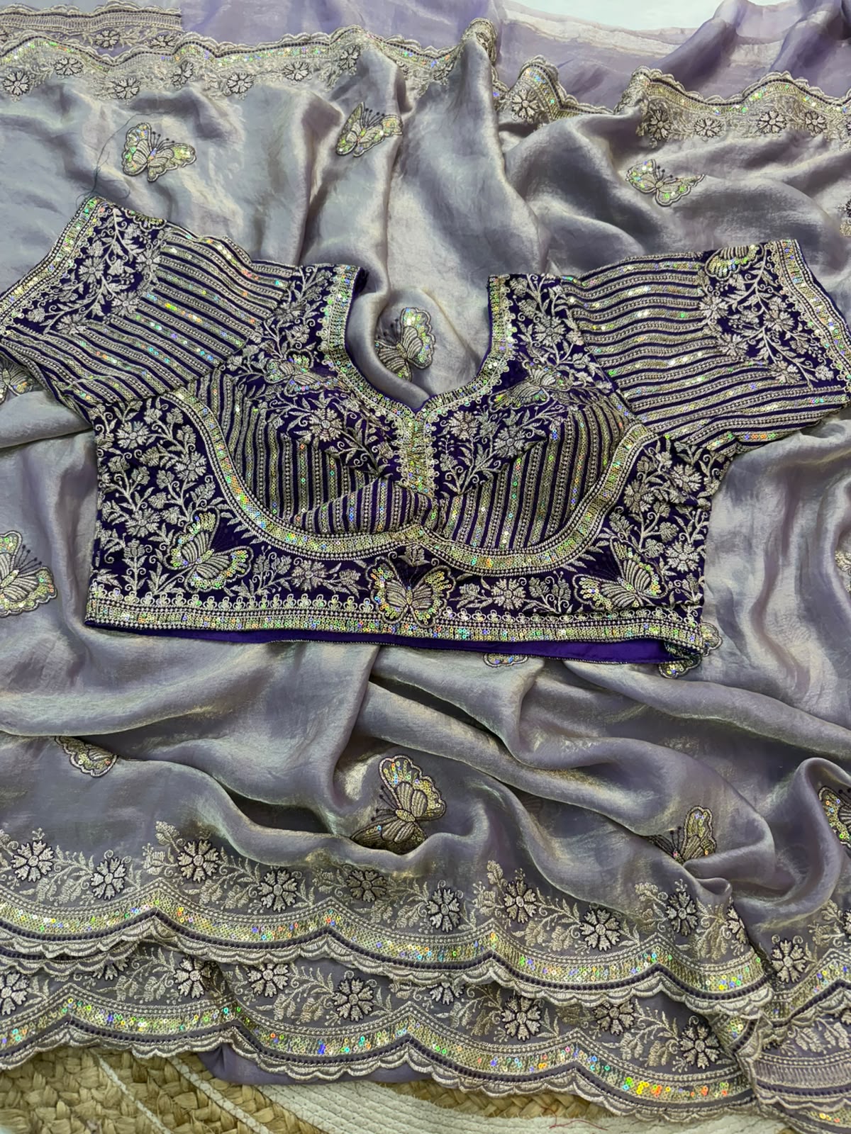 Sabyasachi Inspired Space Silk Saree with Butterfly Embroidery & Stitched Blouse