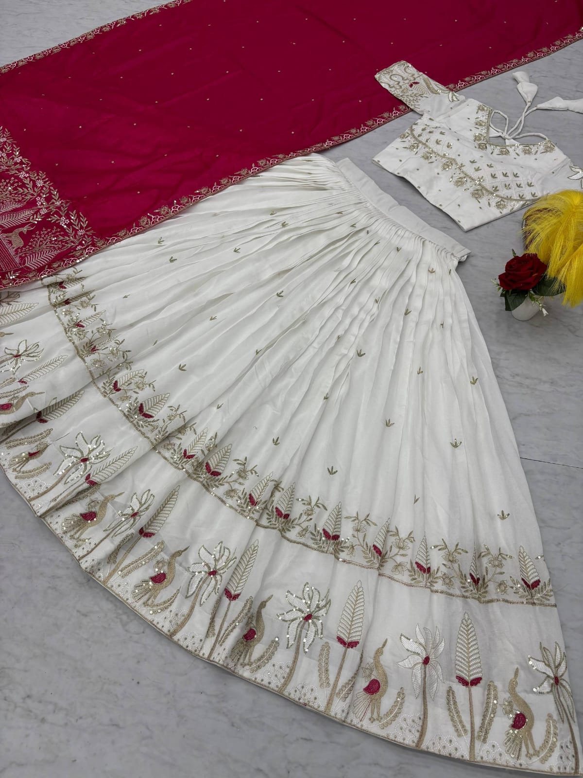 White Red Vichitra Silk Lehenga Choli