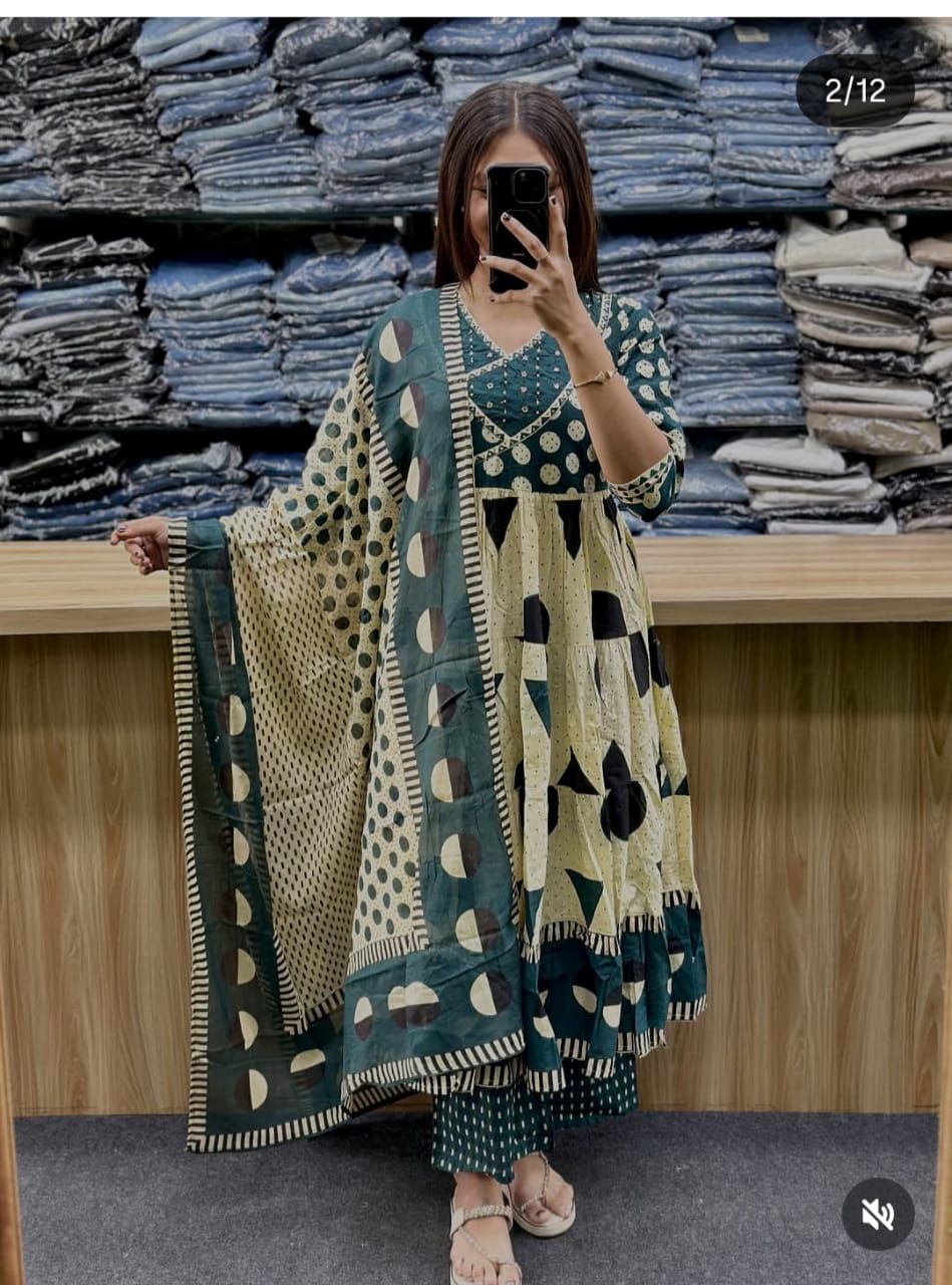 Women's Printed Cotton Anarkali Kurta Pant Dupatta Set with Sequence Work