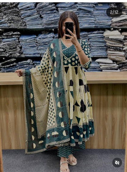 Women's Printed Cotton Anarkali Kurta Pant Dupatta Set with Sequence Work