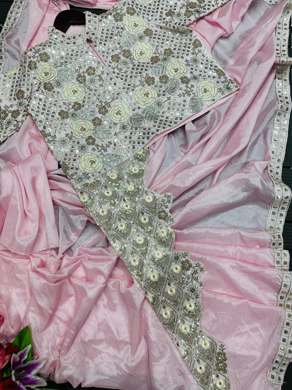 Ready to Wear Chinon Saree with Heavy Embroidery Koti Jacket