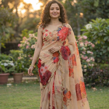 Soft Pure Georgette Digital Print Handwork Saree with Fancy Border