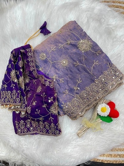 Adhya Fendy Chiffon Two Tone Saree with Embroidery, 3mm Sequence Jari Work & Fully Stitched Blouse | 6 Colors