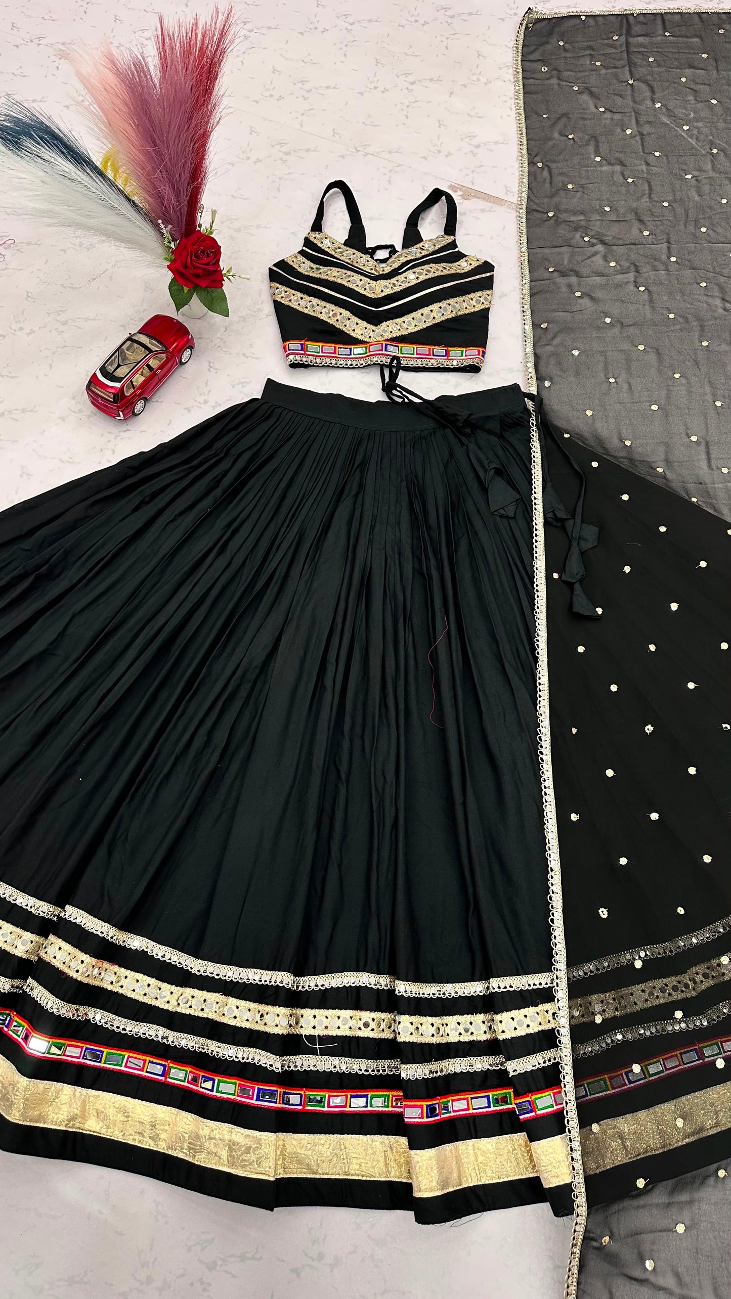Navratri Special Pure Cotton Lehenga Choli with Vintage Dupatta | 6 Meter Flair | Gamthi Work